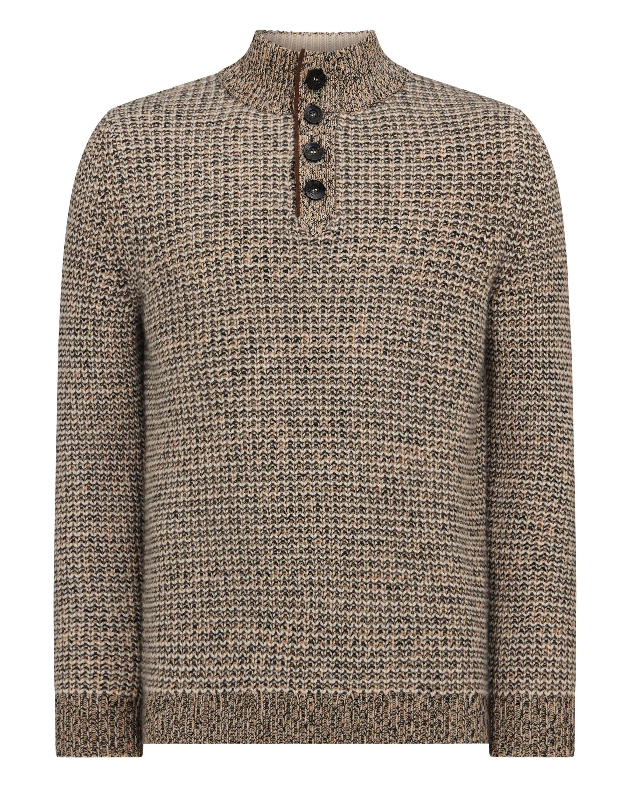 Beige White Mens Cashmere Sweater with Half Button and Marl Detail