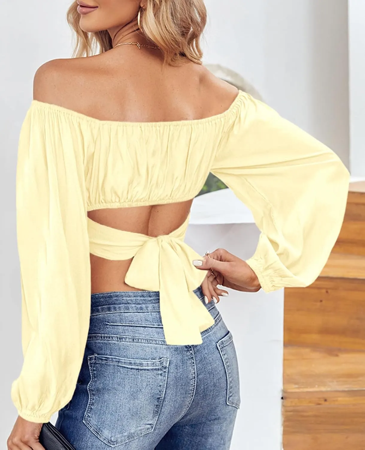 MIRACMODA Woman Off Shoulder Ruched Tie Back Crop Top Summer Lantern Sleeve Boho Shirt Blouse