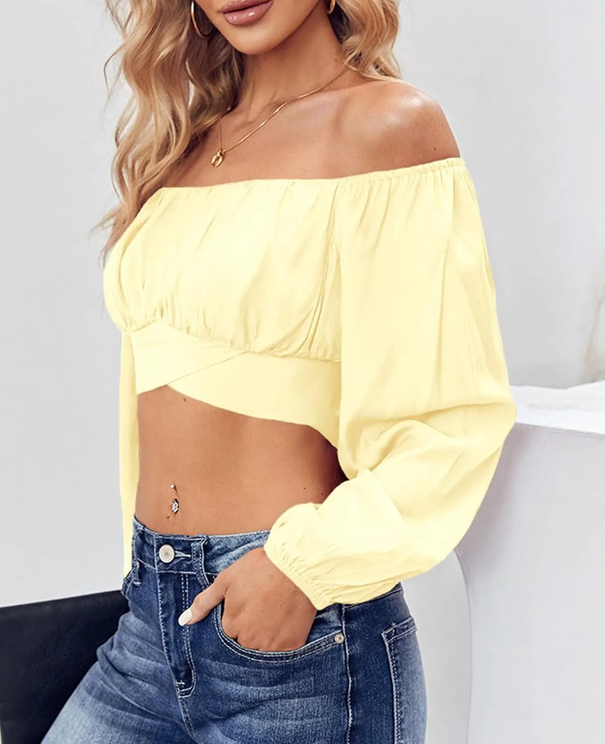 MIRACMODA Woman Off Shoulder Ruched Tie Back Crop Top Summer Lantern Sleeve Boho Shirt Blouse