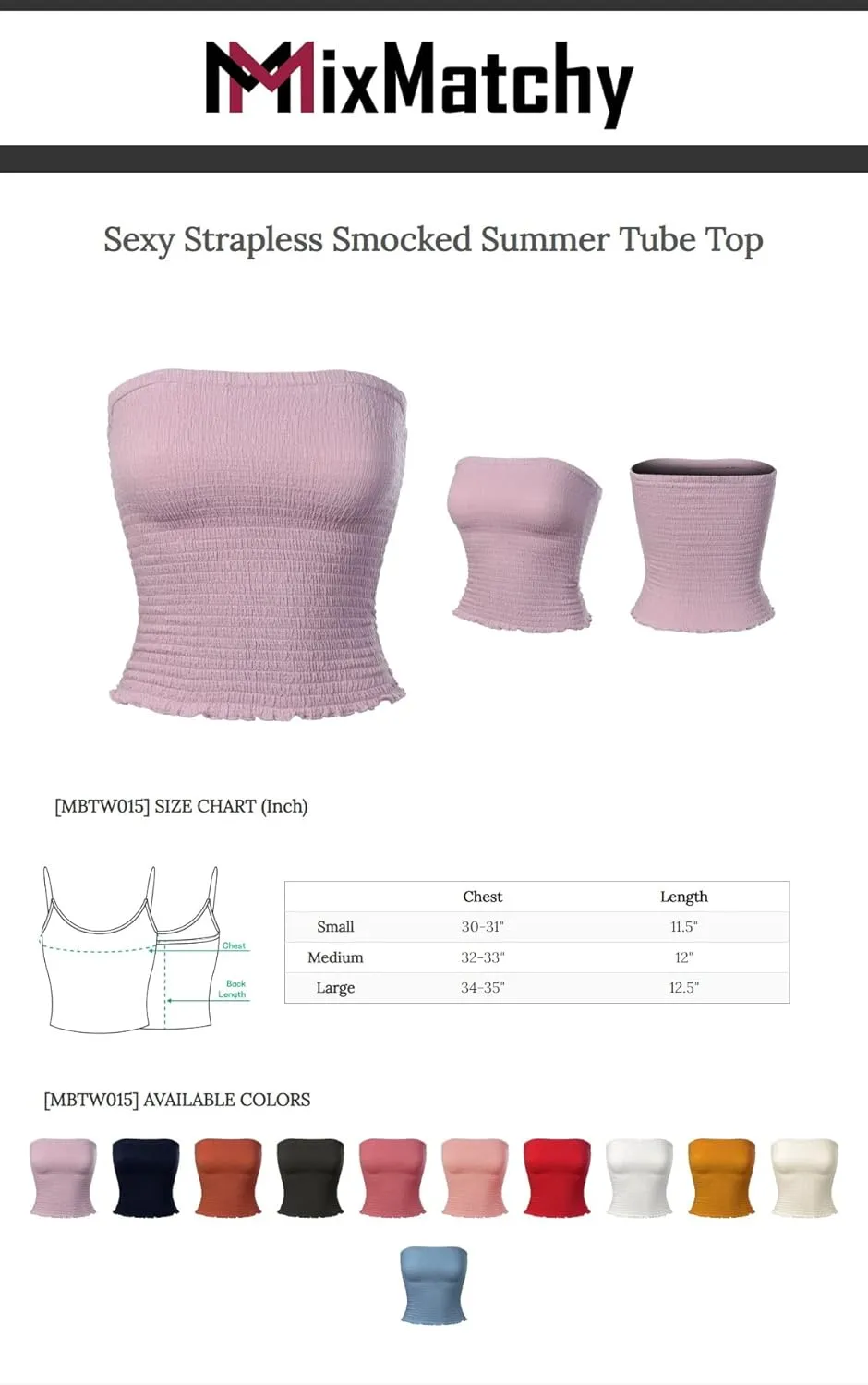 MixMatchy Women's Strapless Tube Tops Stretchy Sleeveless Sexy Summer Bandeau Crop Tank