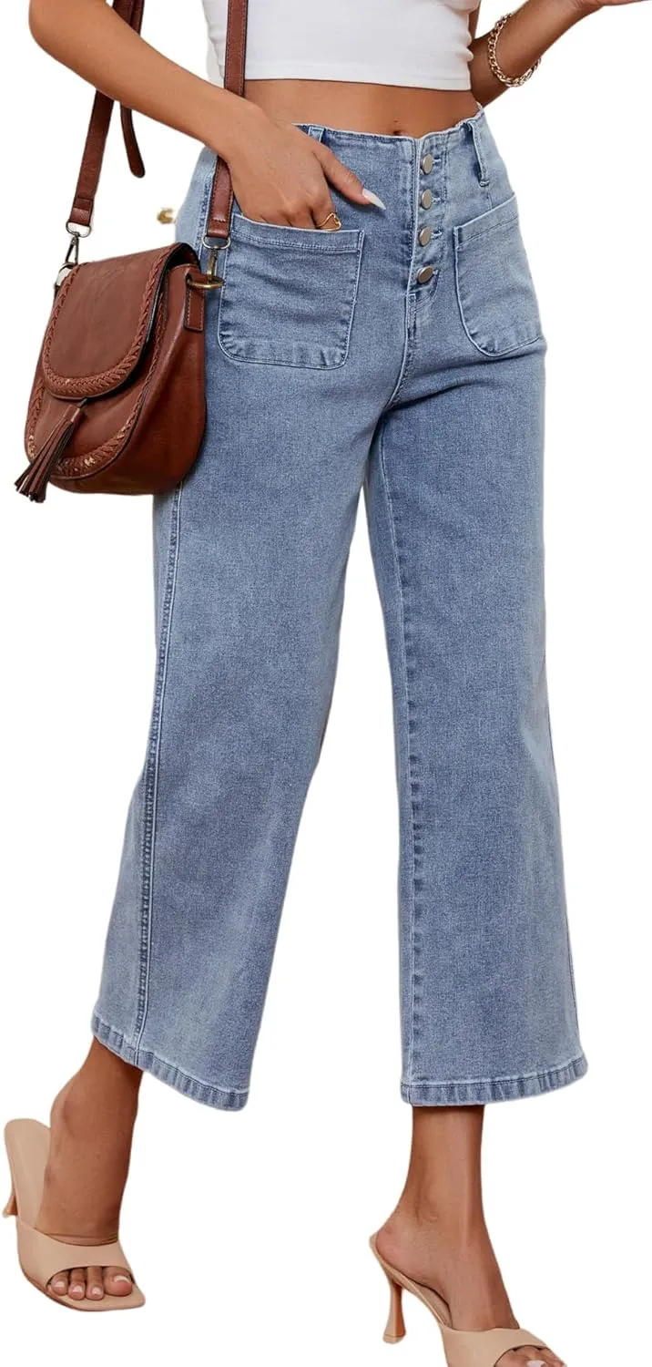 Omoone Wide Leg Jeans for Women High Waisted Stretchy Straight Leg Cropped Denim Pants Buttoned Baggy with Patch Pockets