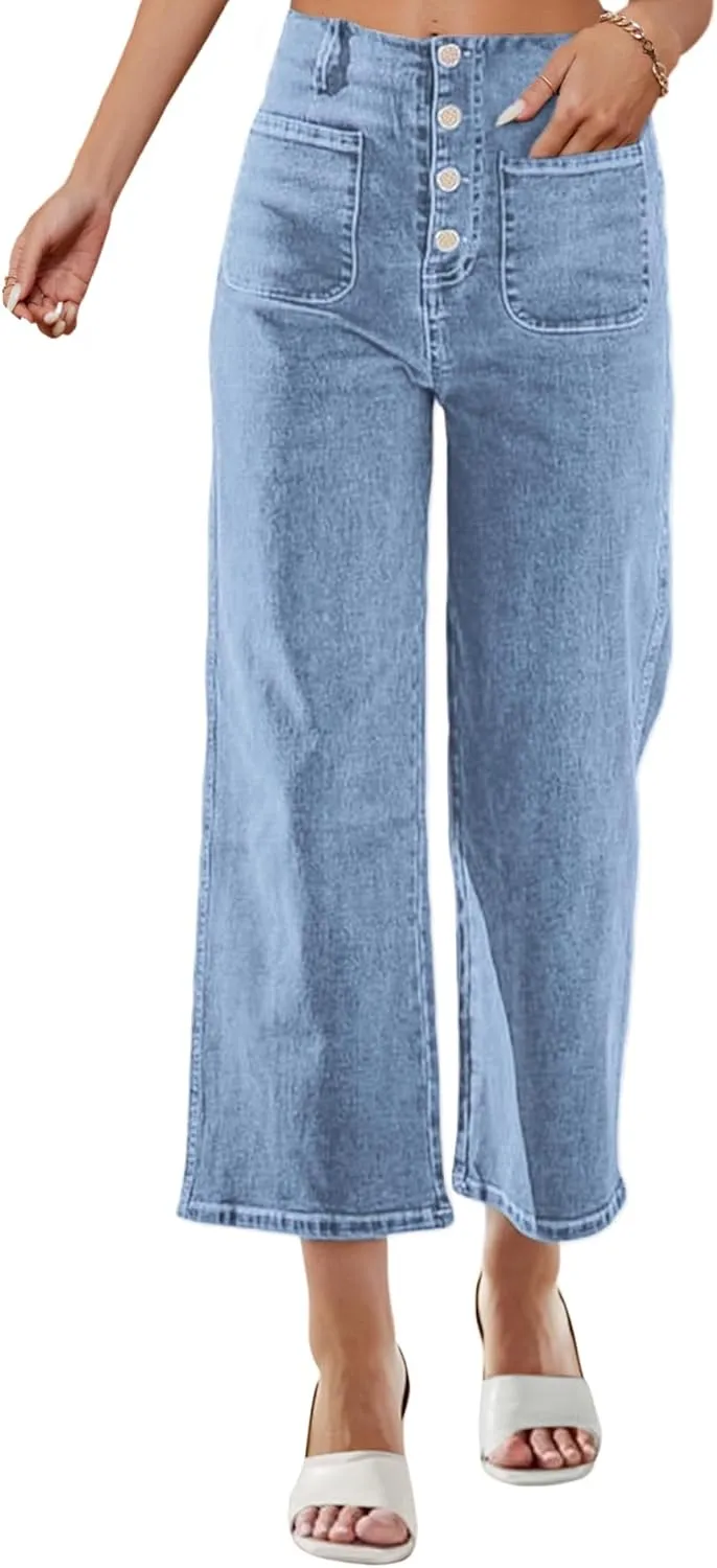 Omoone Wide Leg Jeans for Women High Waisted Stretchy Straight Leg Cropped Denim Pants Buttoned Baggy with Patch Pockets