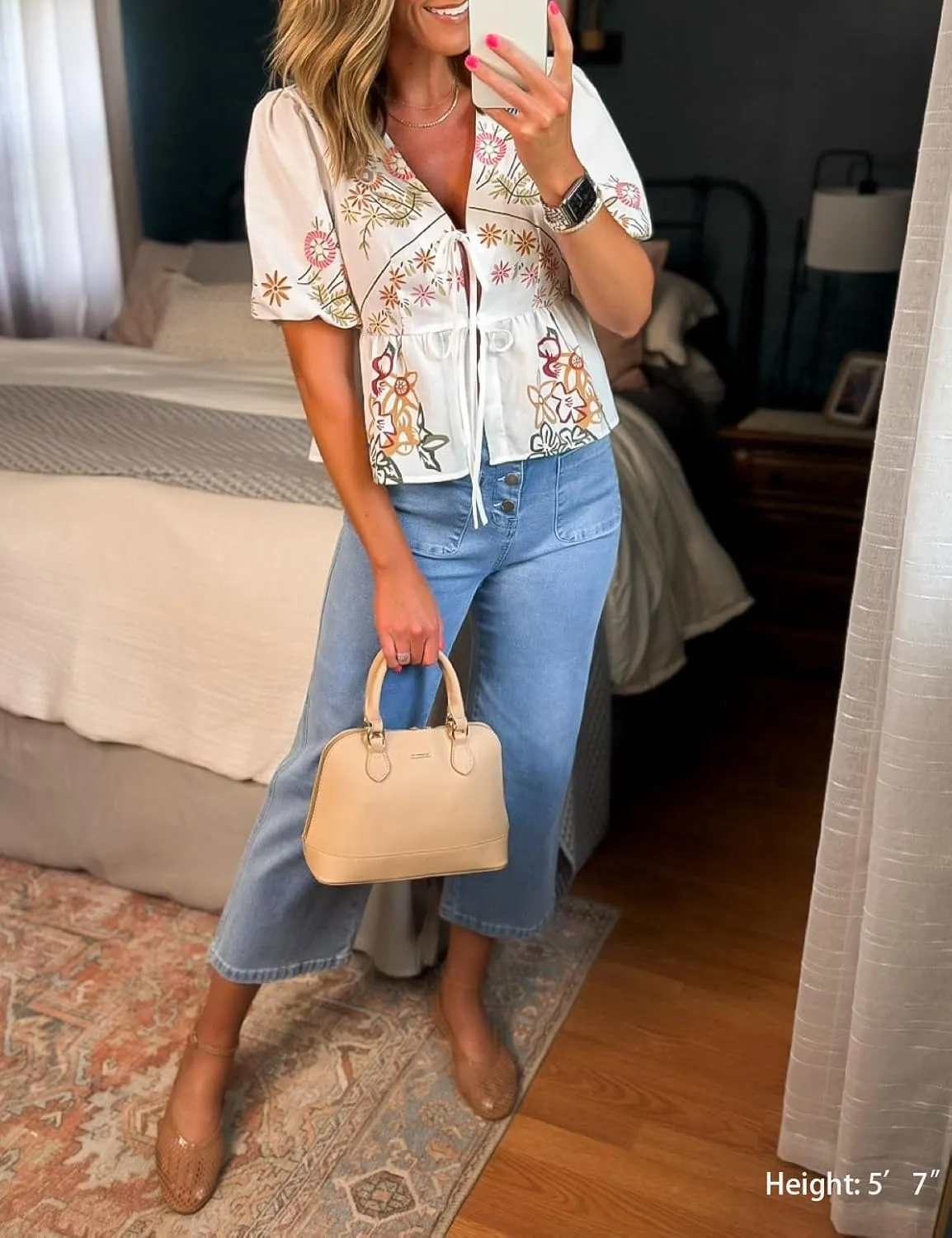 Omoone Wide Leg Jeans for Women High Waisted Stretchy Straight Leg Cropped Denim Pants Buttoned Baggy with Patch Pockets