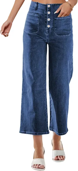 Omoone Wide Leg Jeans for Women High Waisted Stretchy Straight Leg Cropped Denim Pants Buttoned Baggy with Patch Pockets