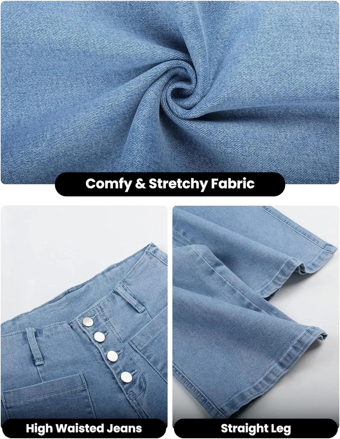 Omoone Wide Leg Jeans for Women High Waisted Stretchy Straight Leg Cropped Denim Pants Buttoned Baggy with Patch Pockets