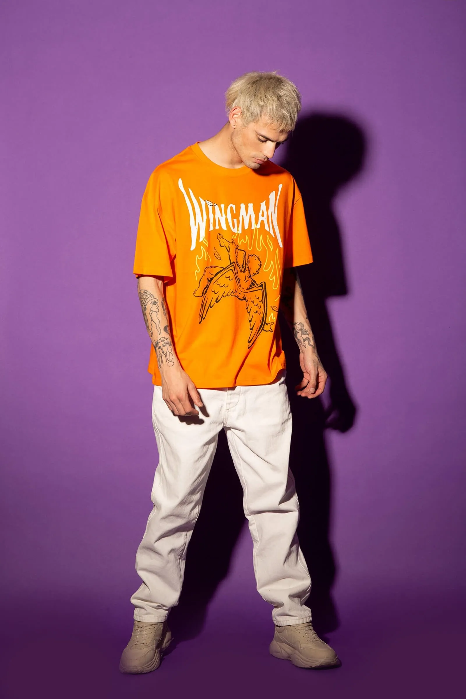 Stylish Orange Wingman Oversized Graphic T-Shirt for Ultimate Comfort and Trendy Fashion