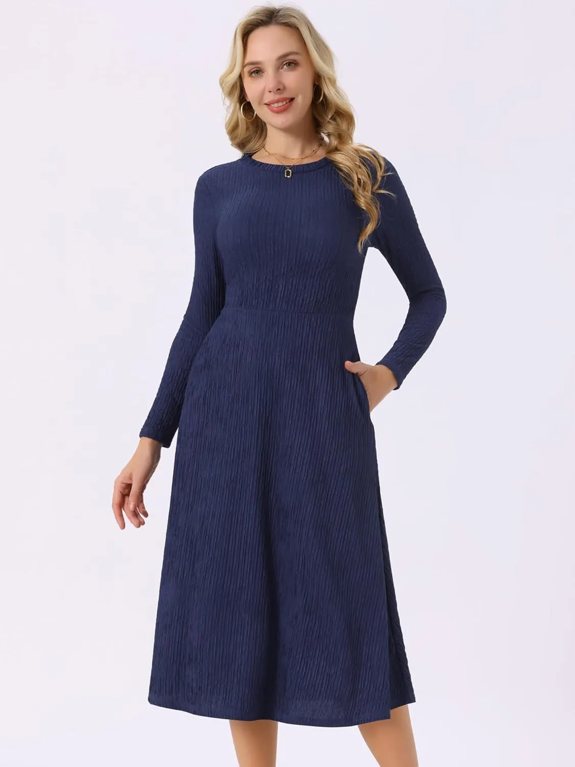 Seta T Women's Fall Dresses Long Sleeve Round Neck Casual Knit A-Line Midi Dress
