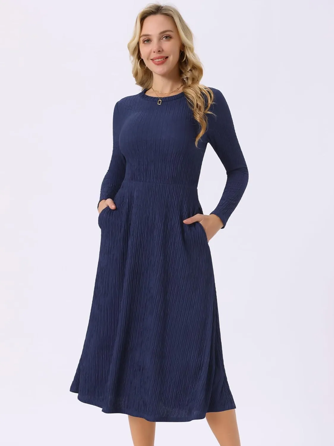 Seta T Women's Fall Dresses Long Sleeve Round Neck Casual Knit A-Line Midi Dress