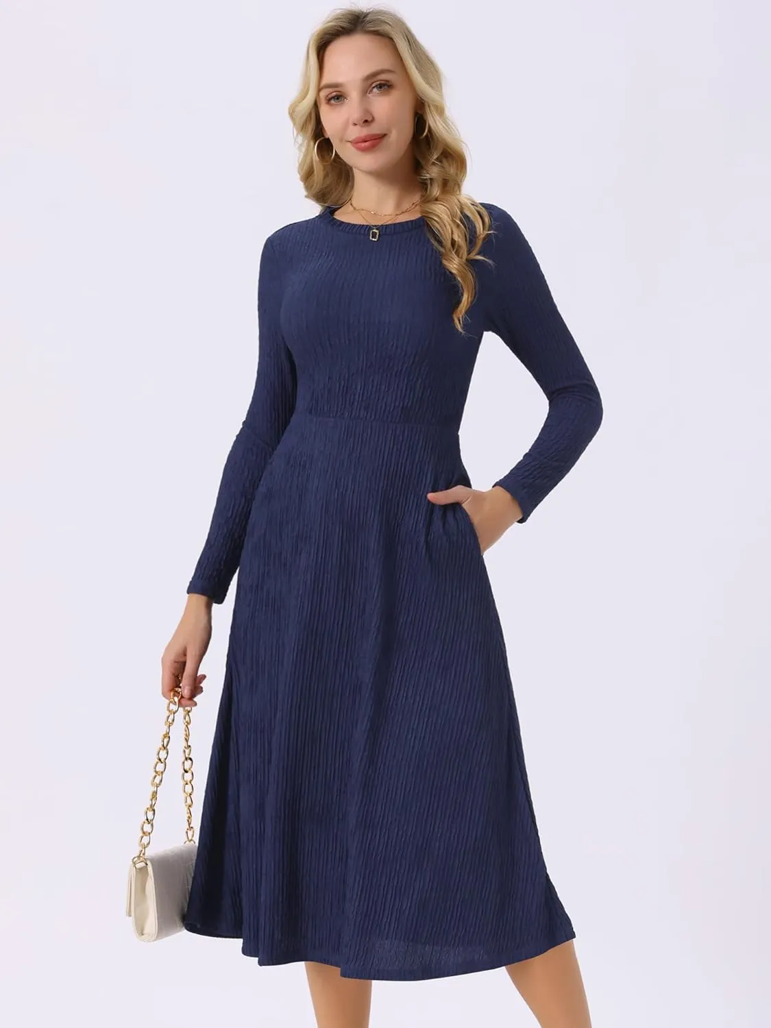 Seta T Women's Fall Dresses Long Sleeve Round Neck Casual Knit A-Line Midi Dress