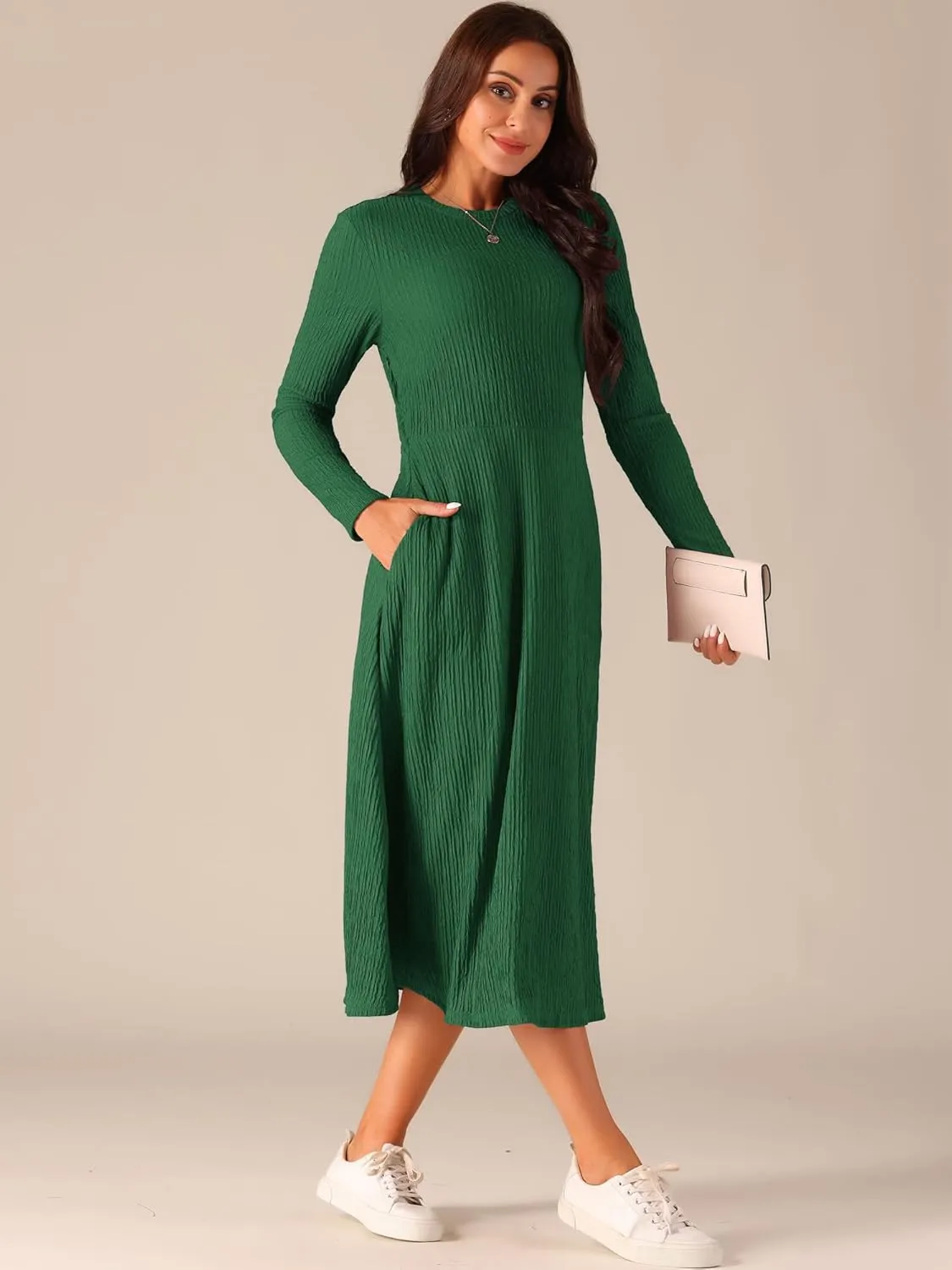 Seta T Women's Fall Dresses Long Sleeve Round Neck Casual Knit A-Line Midi Dress