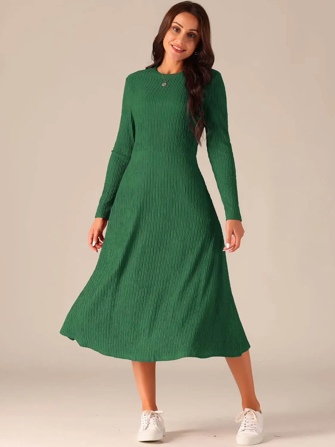 Seta T Women's Fall Dresses Long Sleeve Round Neck Casual Knit A-Line Midi Dress