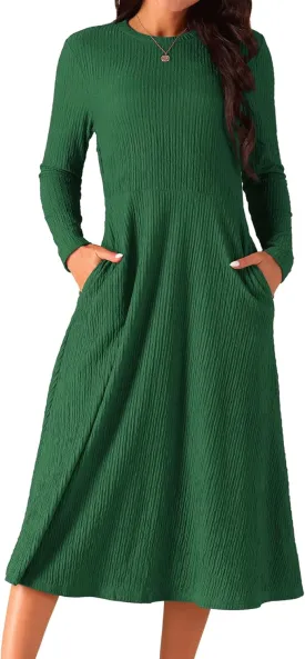 Seta T Women's Fall Dresses Long Sleeve Round Neck Casual Knit A-Line Midi Dress