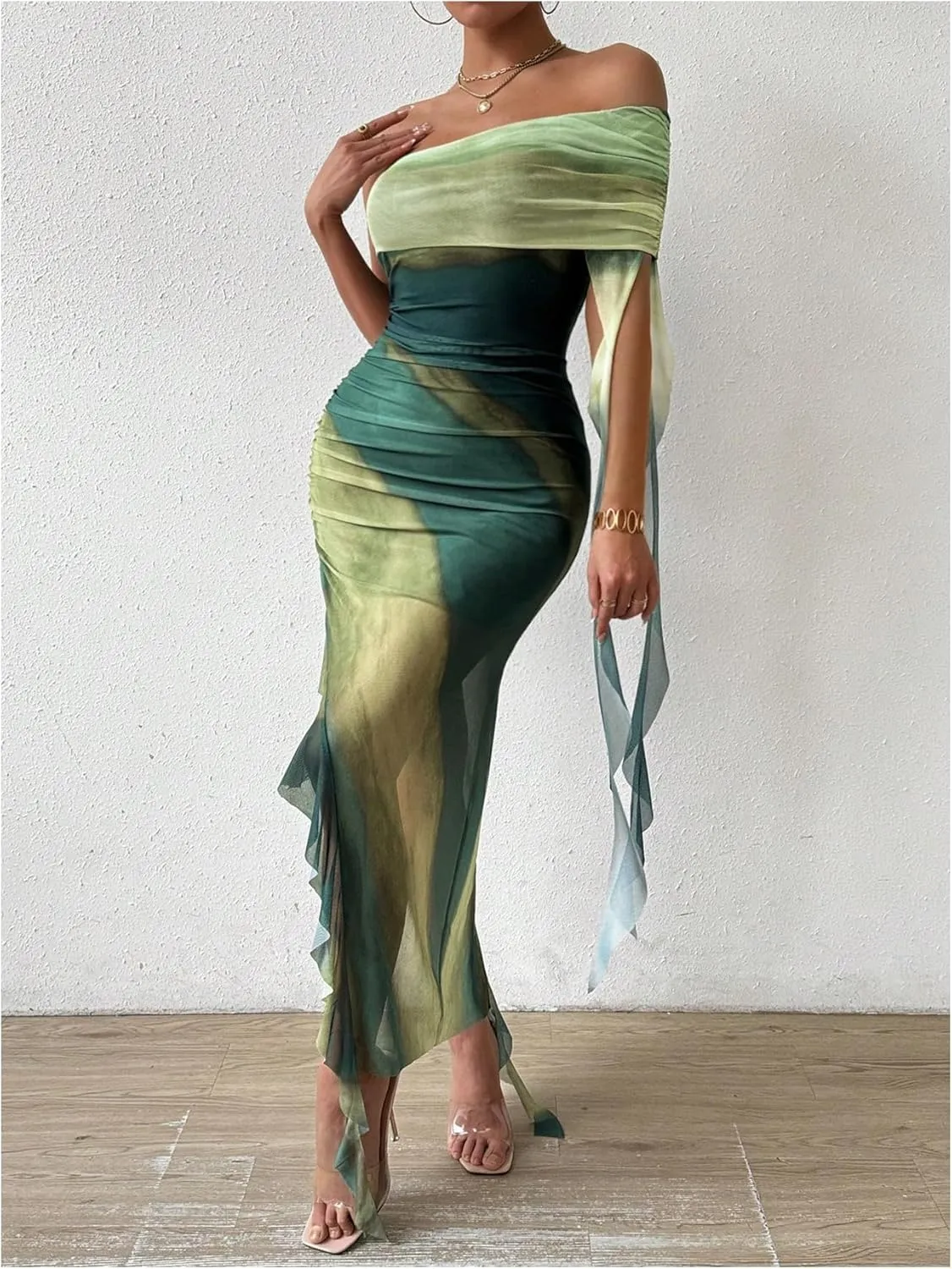 SOLY HUX Women's Tie Dye Mesh Irregular Ruffle Trim Bodycon Dress One Shoulder Short Sleeve Midi Dresses