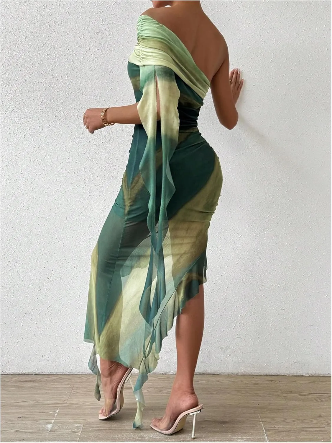 SOLY HUX Women's Tie Dye Mesh Irregular Ruffle Trim Bodycon Dress One Shoulder Short Sleeve Midi Dresses