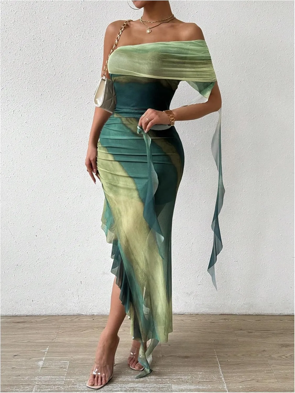 SOLY HUX Women's Tie Dye Mesh Irregular Ruffle Trim Bodycon Dress One Shoulder Short Sleeve Midi Dresses