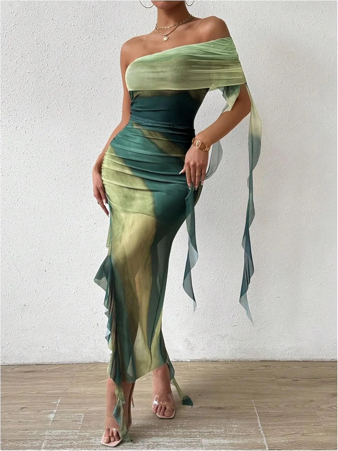 SOLY HUX Women's Tie Dye Mesh Irregular Ruffle Trim Bodycon Dress One Shoulder Short Sleeve Midi Dresses