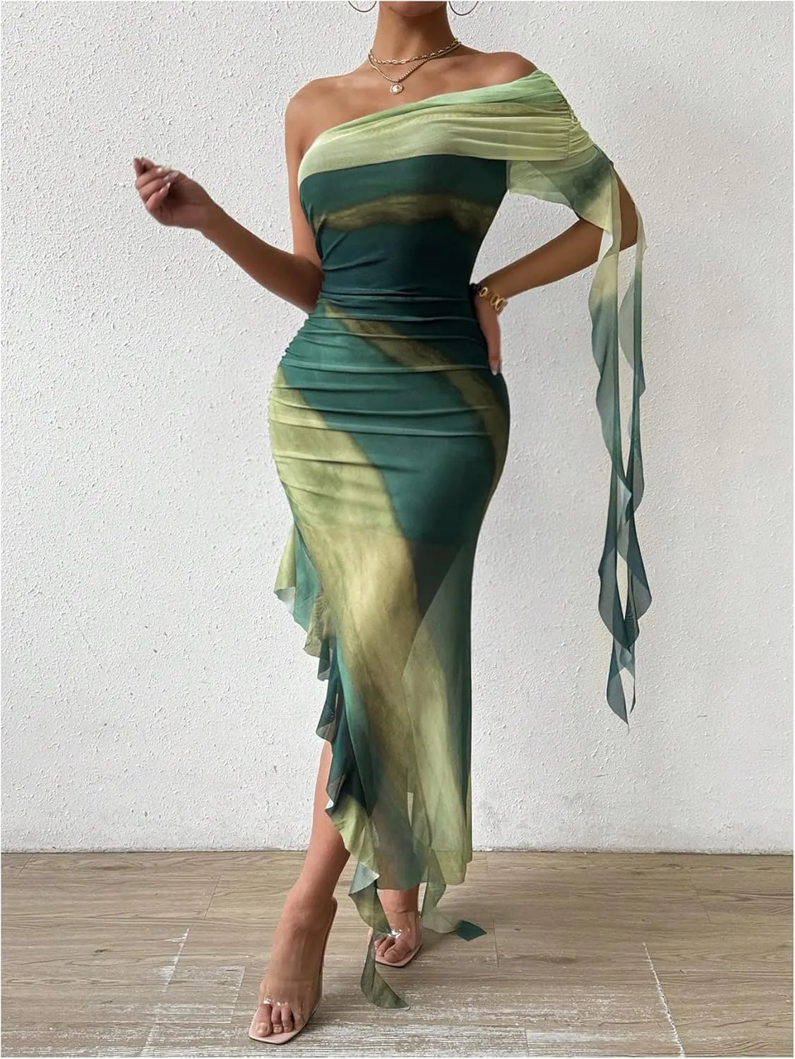 SOLY HUX Women's Tie Dye Mesh Irregular Ruffle Trim Bodycon Dress One Shoulder Short Sleeve Midi Dresses