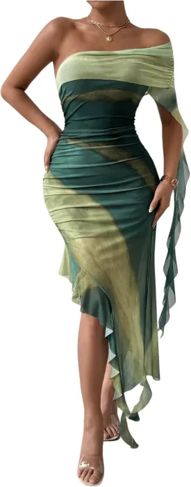 SOLY HUX Women's Tie Dye Mesh Irregular Ruffle Trim Bodycon Dress One Shoulder Short Sleeve Midi Dresses