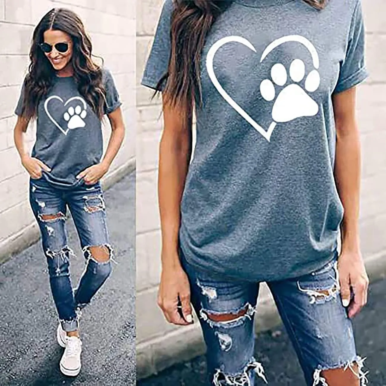 Susongeth Dog Paw Love Heart Print T-Shirt for Women Short Sleeve Dog Mom Graphic Tees Tops Mother's Day Shirts
