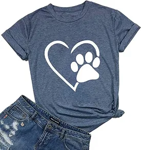Susongeth Dog Paw Love Heart Print T-Shirt for Women Short Sleeve Dog Mom Graphic Tees Tops Mother's Day Shirts