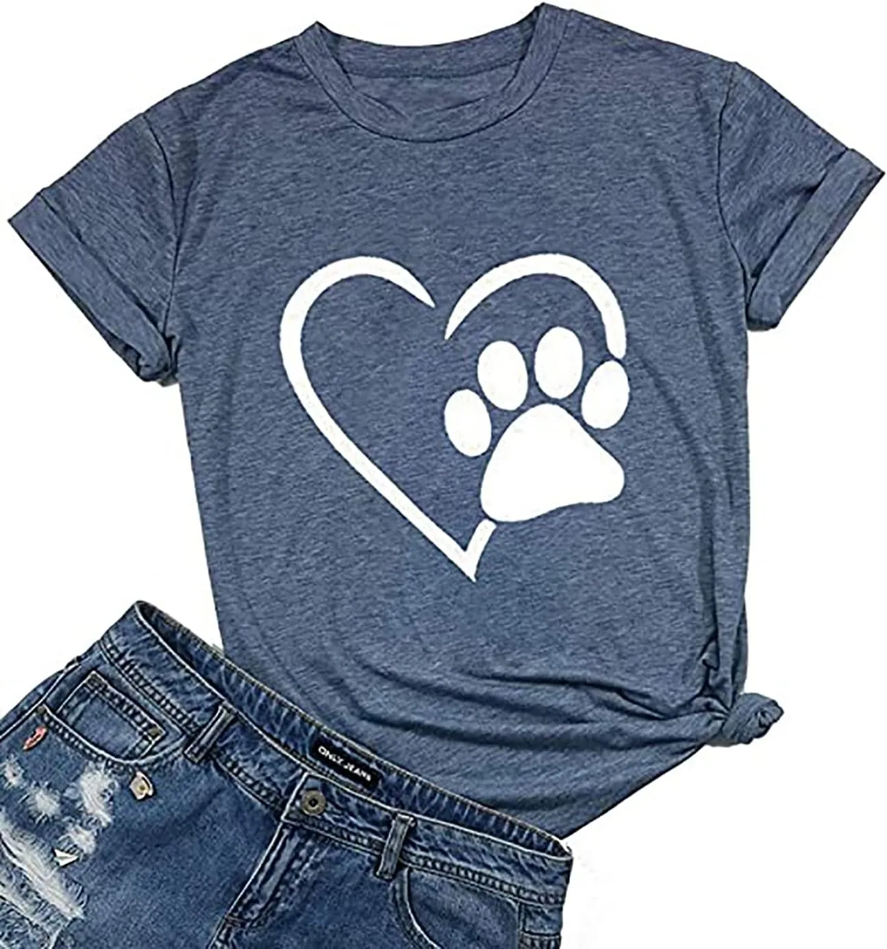 Susongeth Dog Paw Love Heart Print T-Shirt for Women Short Sleeve Dog Mom Graphic Tees Tops Mother's Day Shirts