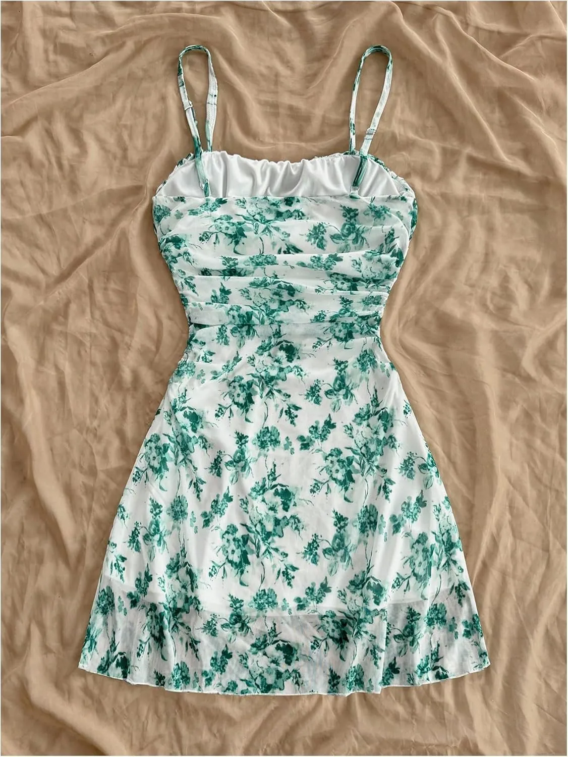 WDIRARA Women's Floral Print Ruched Cami Dress Spaghetti Strap Ruffle Hem A Line Dress