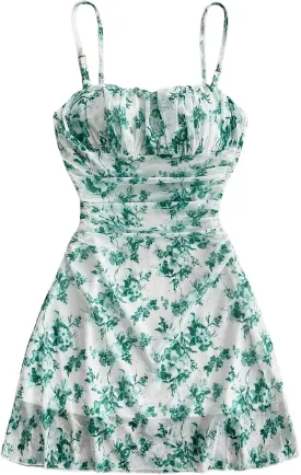 WDIRARA Women's Floral Print Ruched Cami Dress Spaghetti Strap Ruffle Hem A Line Dress