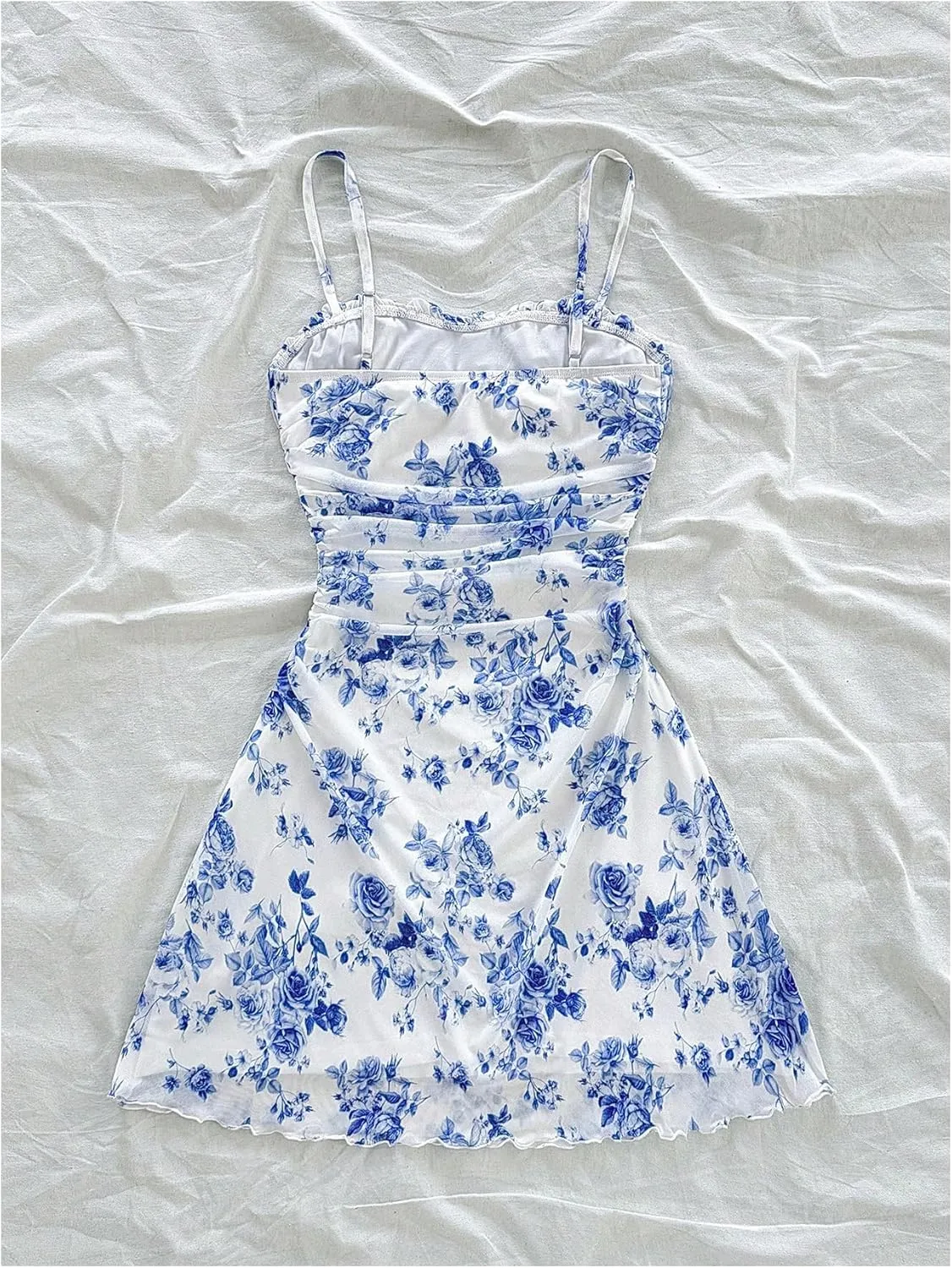 WDIRARA Women's Floral Print Ruched Cami Dress Spaghetti Strap Ruffle Hem A Line Dress