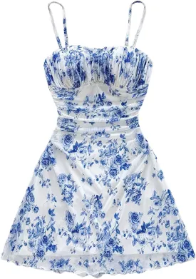 WDIRARA Women's Floral Print Ruched Cami Dress Spaghetti Strap Ruffle Hem A Line Dress