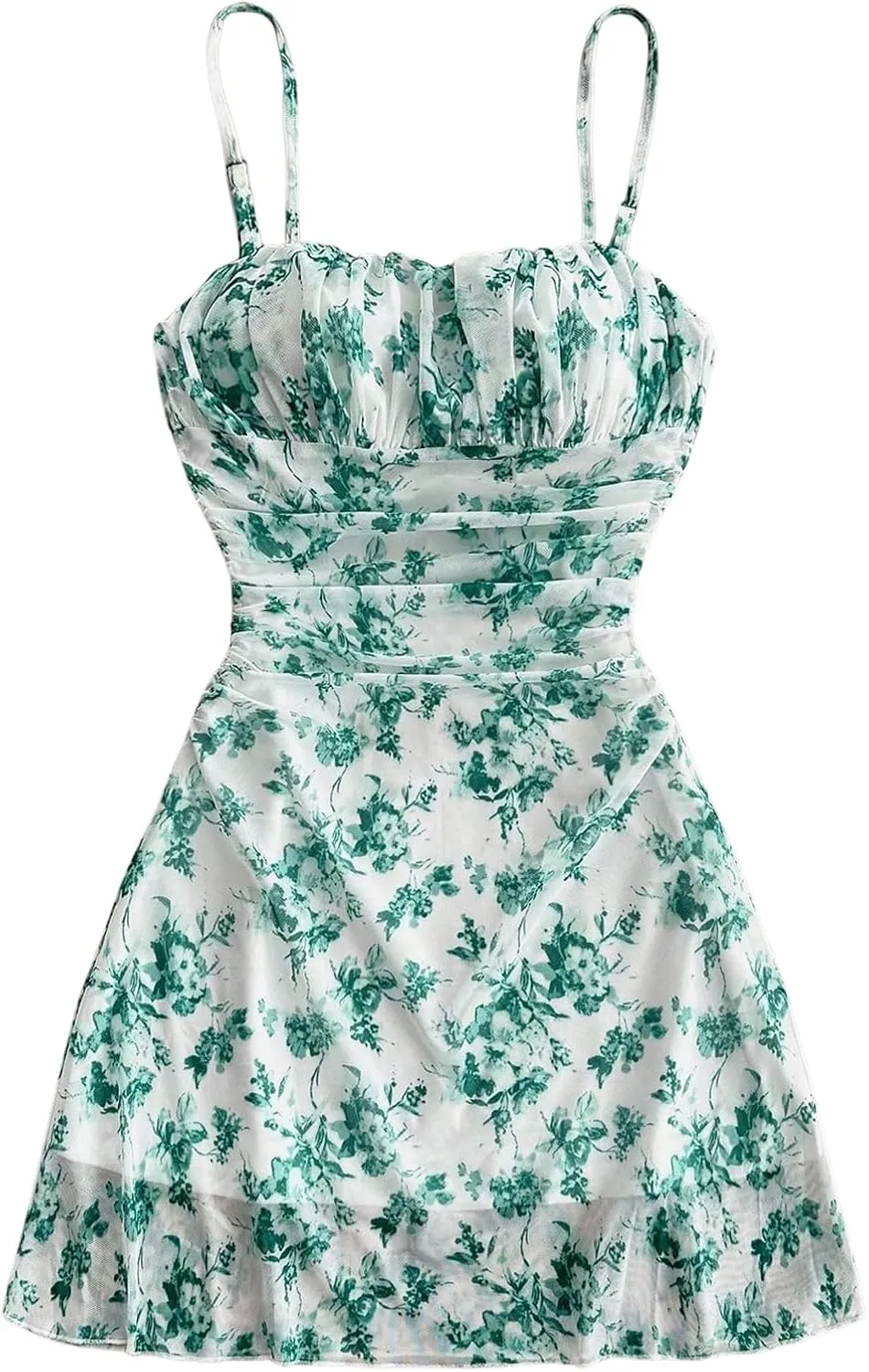 WDIRARA Women's Floral Print Ruched Cami Dress Spaghetti Strap Ruffle Hem A Line Dress