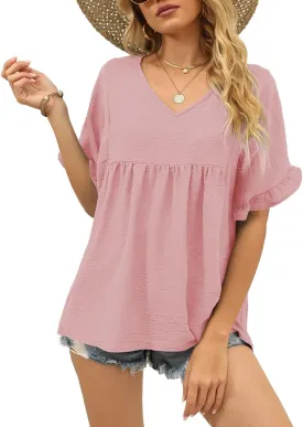 WIHOLL Womens Tops Casual V Neck Ruffle Sleeve T Shirts Babydoll Loose Fit Peplum Tops