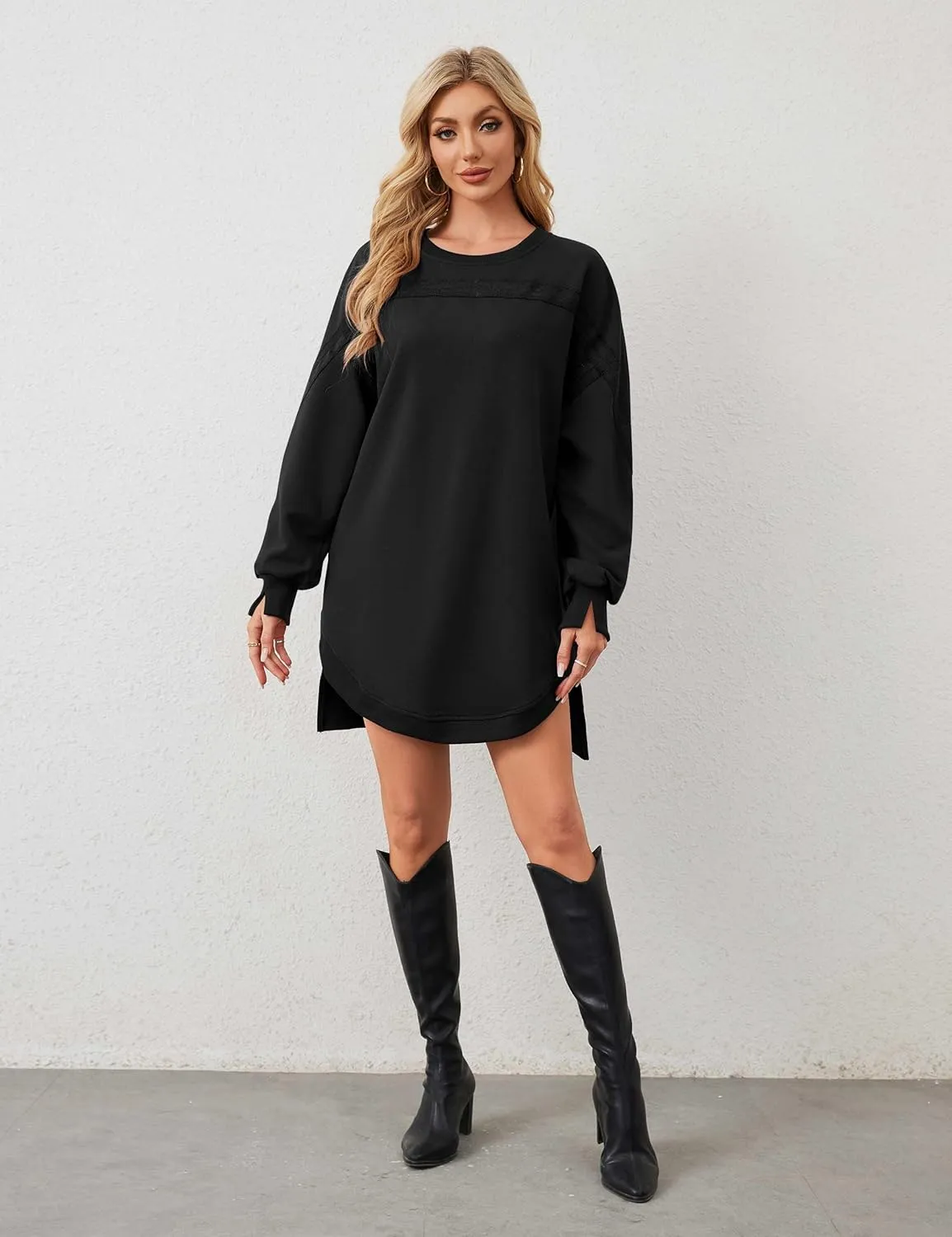 Women Casual Dresses Oversized Long Sleeve Sweatshirt Dresses Crewneck Tunic Tops Pullover Loose Fitting Mini Dresses