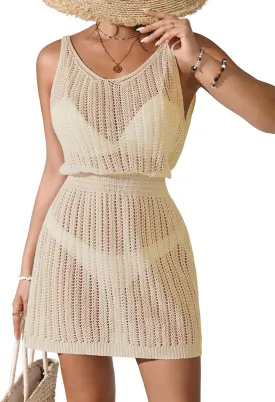 Womens Crochet Knit Waist Cinched Beach Coverup Mini Dress Summer 2025 Backless V Neck Bathing Suit Cover Up