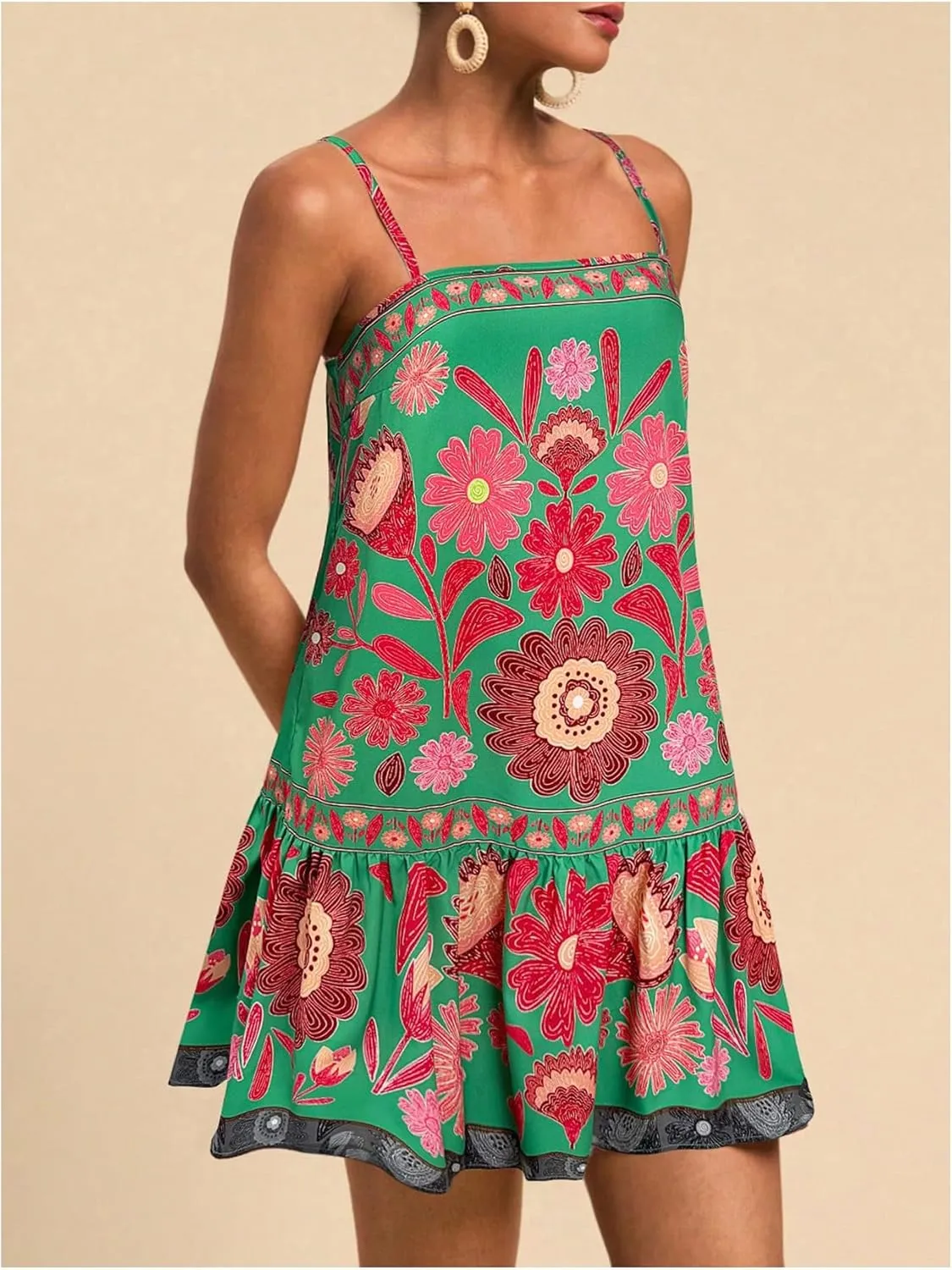 Women's Floral Boho Flowy Mini Cami Dress Ruffle Hem Spaghetti Strap Vacation Tank Dresses