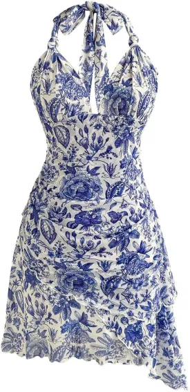 Women's Floral Print Sleeveless Halter Deep V Tie Mini Dress Ruched Backless Slim Fit Cami Dresses Knot Boho Dress