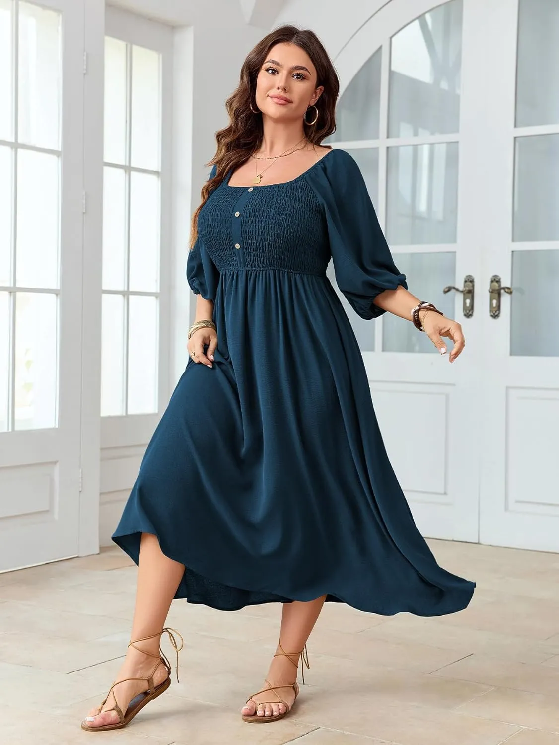 Women's Plus Size Casual Dresses Square Neck Button Up Smocked 3/4 Puff Sleeve Empire Wasit A-line Flowy Midi Dress