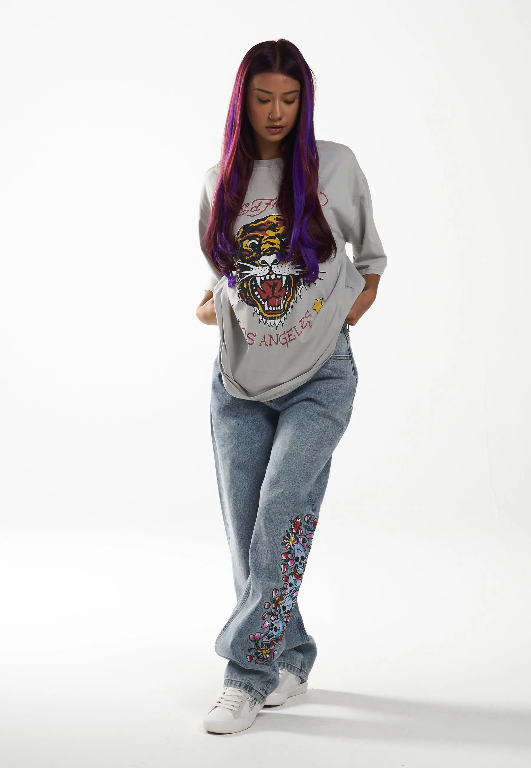 Womens Skull-Flower-Baggy Jeans - Bleach