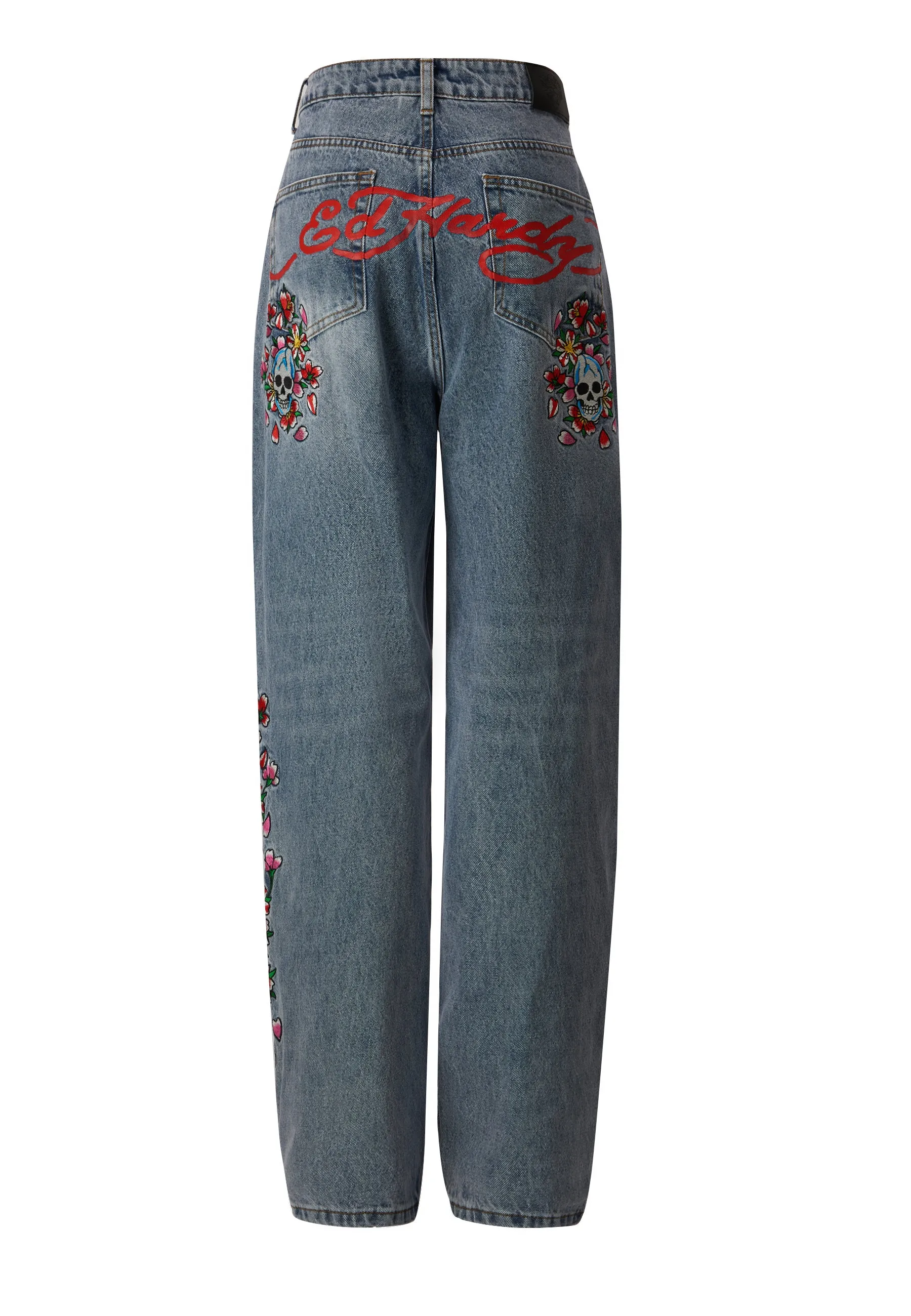 Womens Skull-Flower-Baggy Jeans - Bleach
