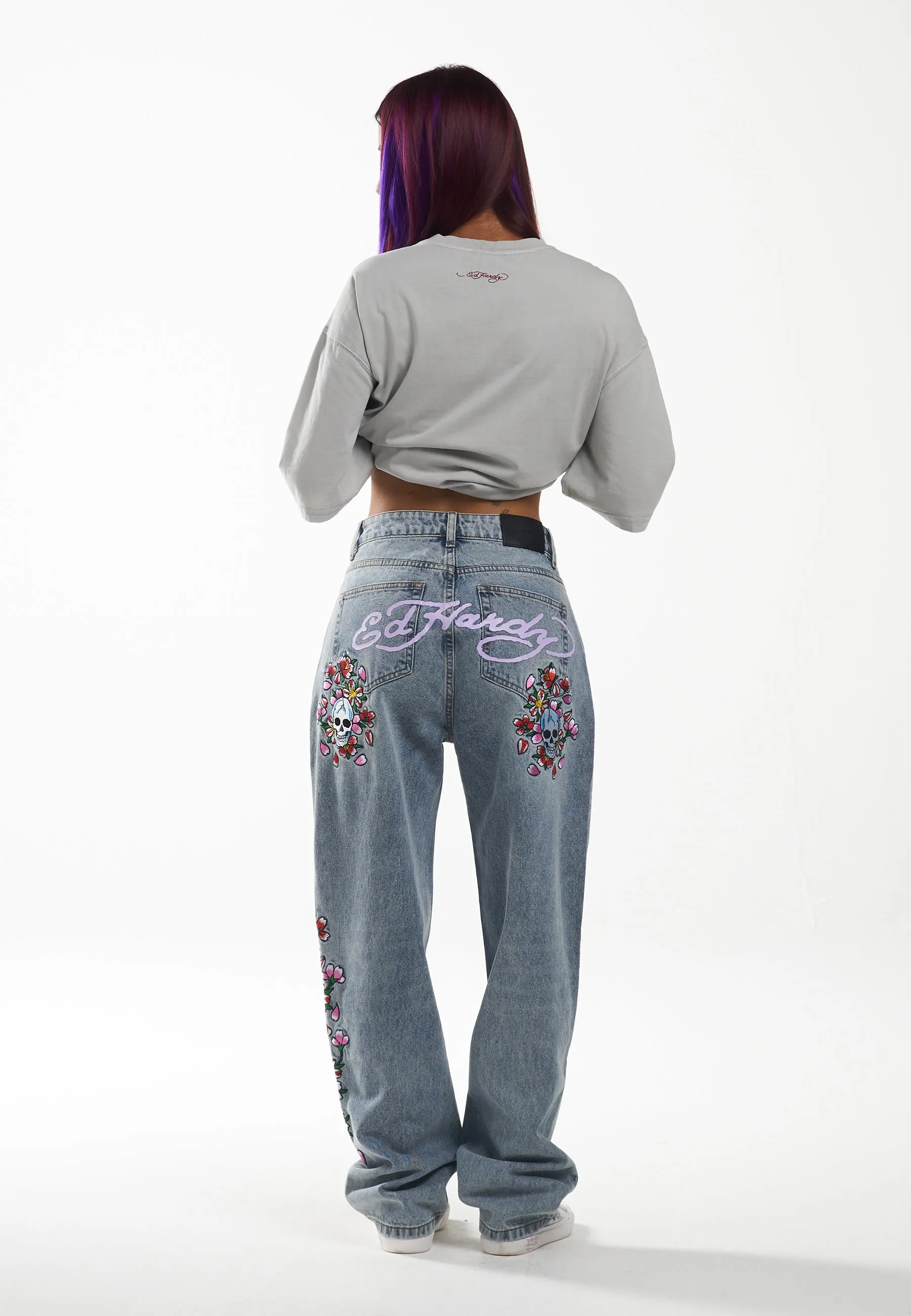 Womens Skull-Flower-Baggy Jeans - Bleach