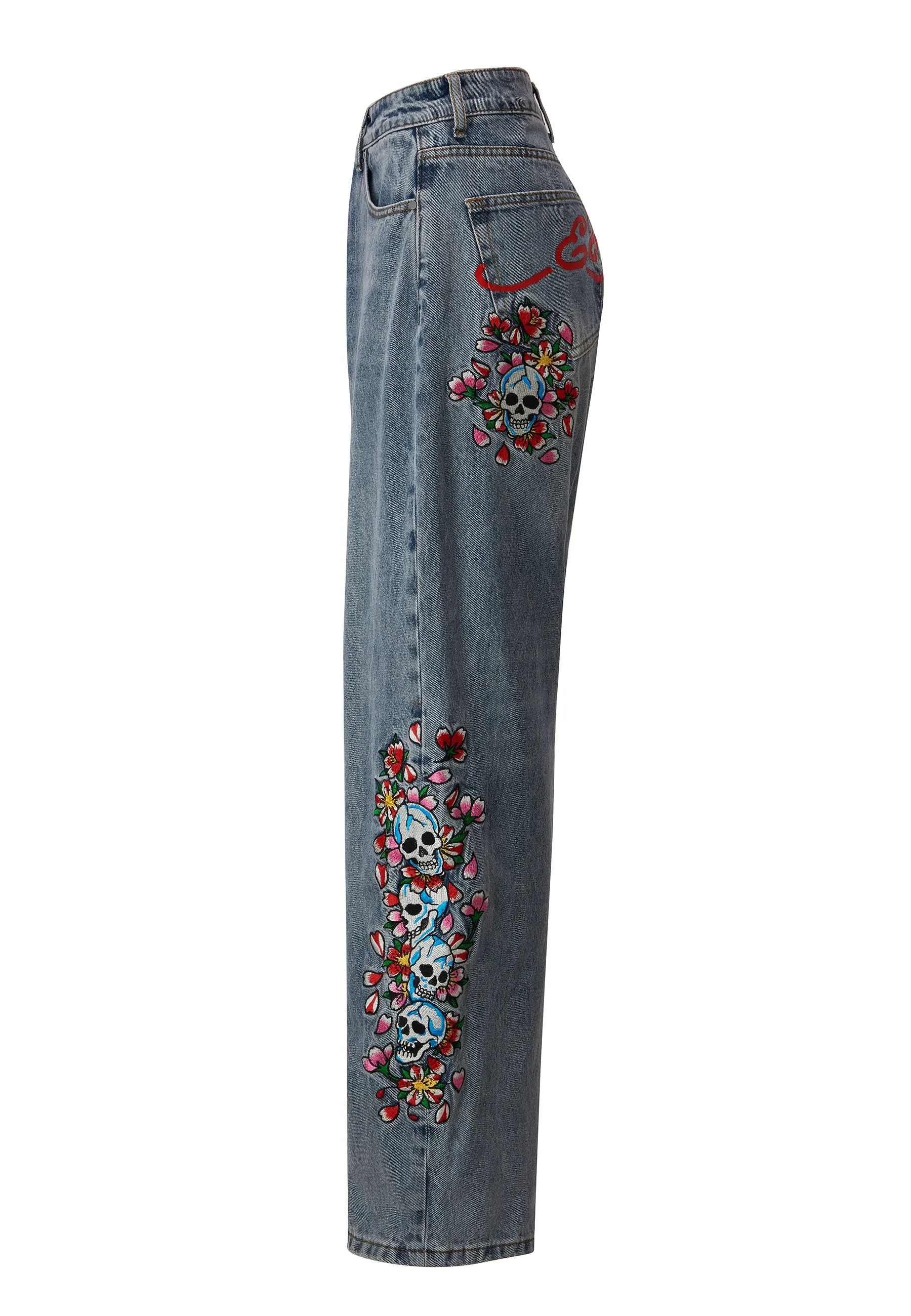 Womens Skull-Flower-Baggy Jeans - Bleach