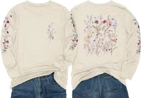 Women's Sleeve Print Flowers T-Shirt Casual Long Sleeve Boho Wildflowers Vintage Botanical Floral Nature Tees Tops