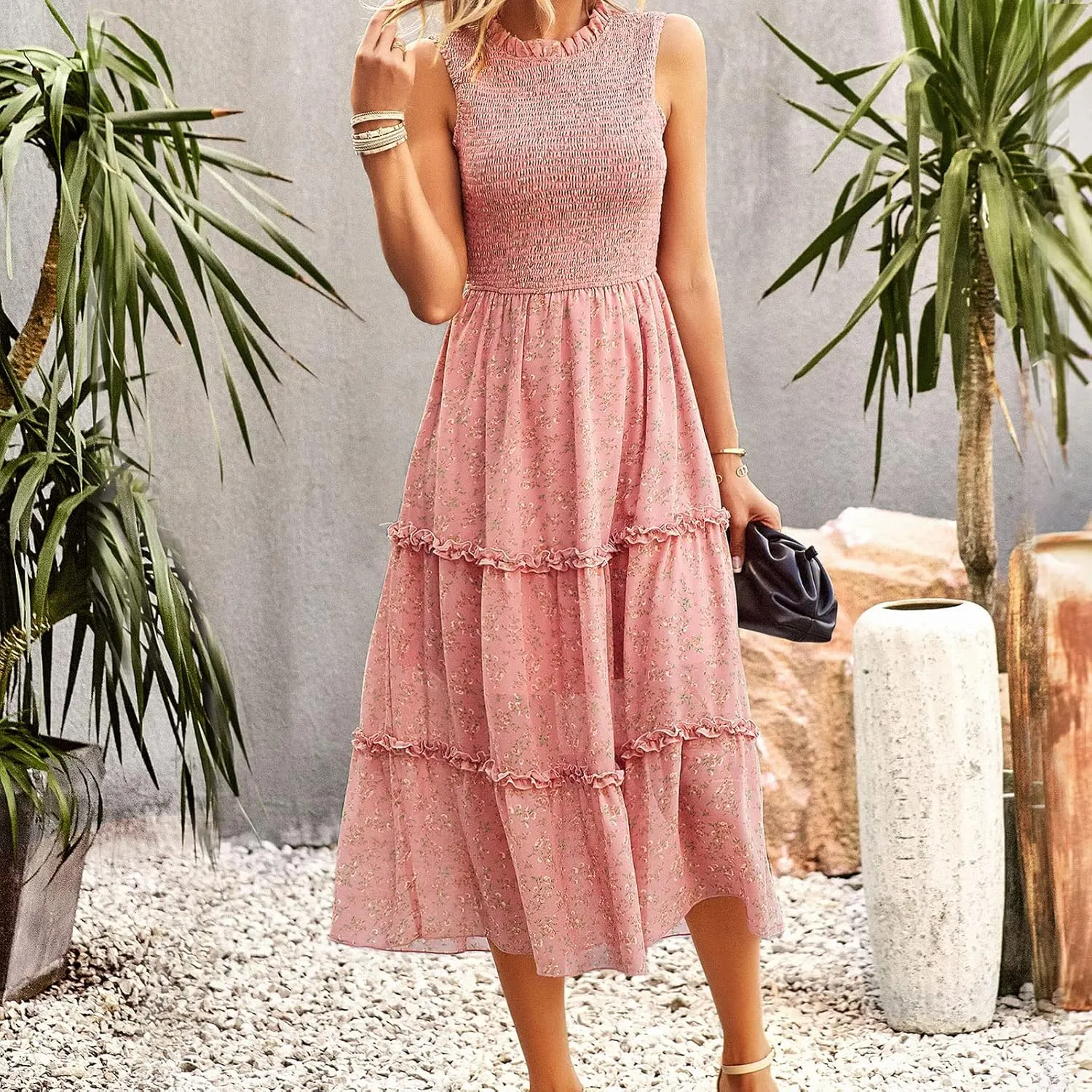 YNIQUE Women's Dress 2023 Summer Casual Boho Dress Floral Print Ruffle Sleeveless High Waist Midi Beach Dresses