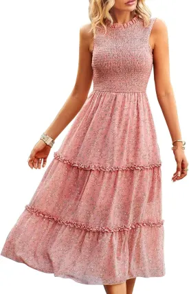 YNIQUE Women's Dress 2023 Summer Casual Boho Dress Floral Print Ruffle Sleeveless High Waist Midi Beach Dresses