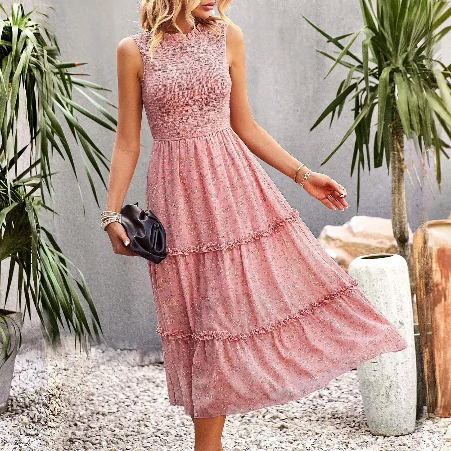 YNIQUE Women's Dress 2023 Summer Casual Boho Dress Floral Print Ruffle Sleeveless High Waist Midi Beach Dresses