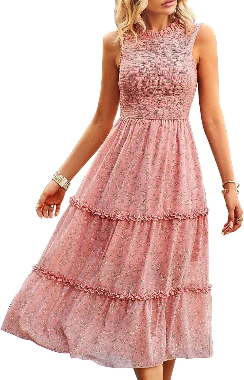 YNIQUE Women's Dress 2023 Summer Casual Boho Dress Floral Print Ruffle Sleeveless High Waist Midi Beach Dresses