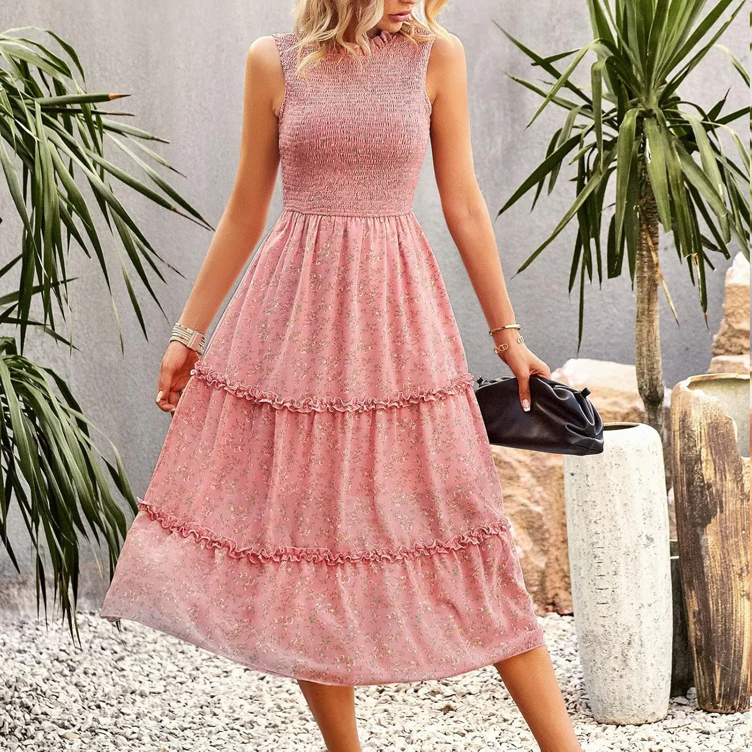 YNIQUE Women's Dress 2023 Summer Casual Boho Dress Floral Print Ruffle Sleeveless High Waist Midi Beach Dresses