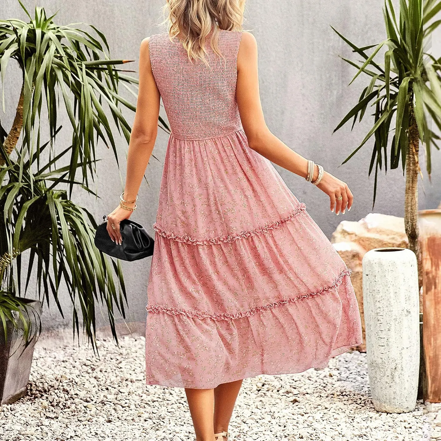 YNIQUE Women's Dress 2023 Summer Casual Boho Dress Floral Print Ruffle Sleeveless High Waist Midi Beach Dresses